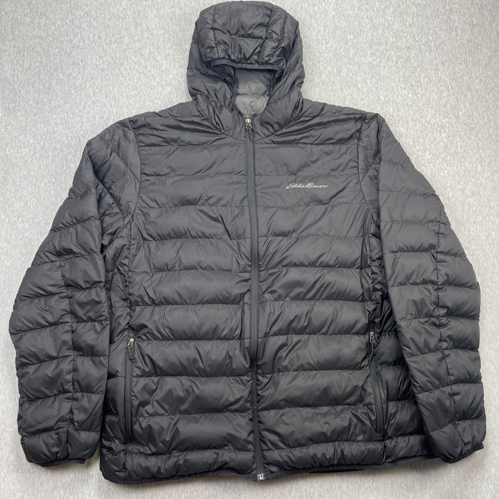 Eddie Bauer Jacket Mens 2XL EB650 Black Recycled Nylon Down Puffer Coat Hooded
